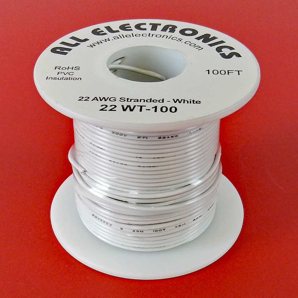 22 GA. WHITE HOOK-UP WIRE, STRANDED 100'